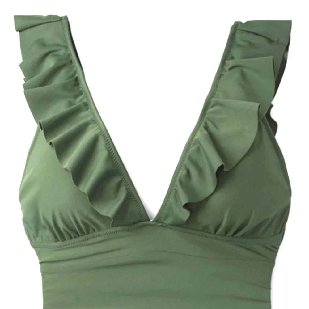 PLUNGE V-NECK MONOKINI Green Ruffle Trim Lace Up Back Ruched Swimsuit SIZE LARGE - Picture 6 of 15